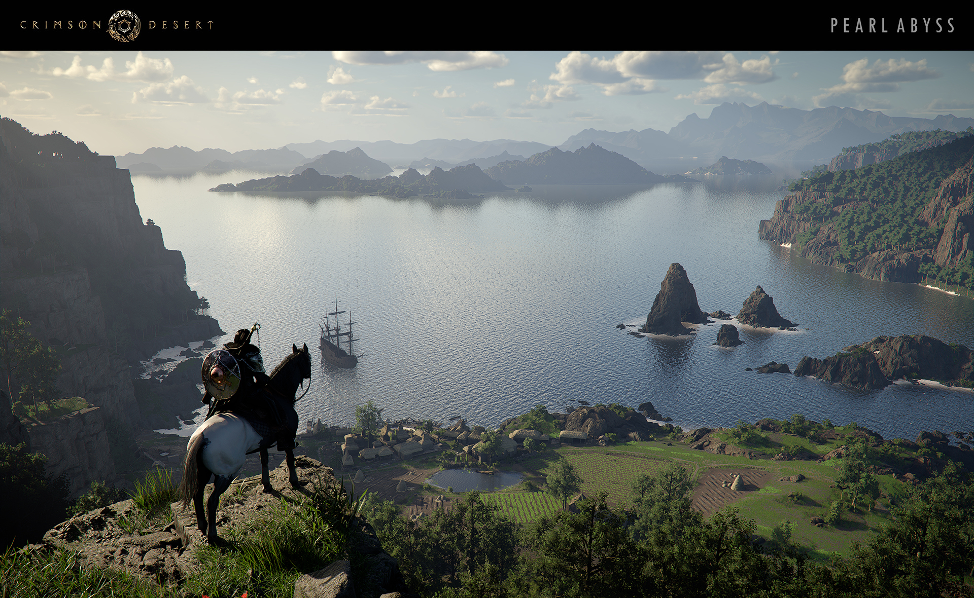 A rider overlooking the sea, rocky islands and a sailing ship